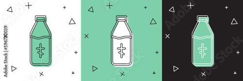 Set Holy water bottle icon isolated on white and green, black background. Glass flask with magic liquid. Vector