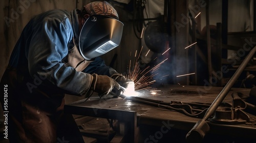 A professional welder in a protective uniform and a metal pipe welding mask on an industrial table in an industrial workshop. 