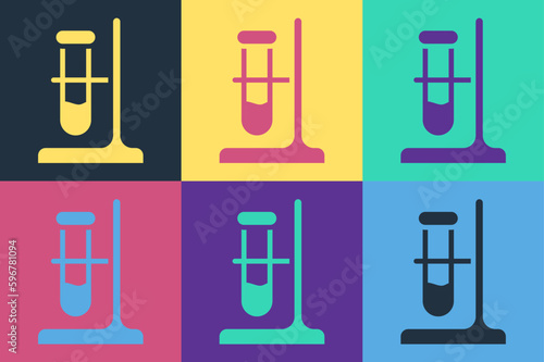 Pop art Glass test tube flask on stand icon isolated on color background. Laboratory equipment. Vector