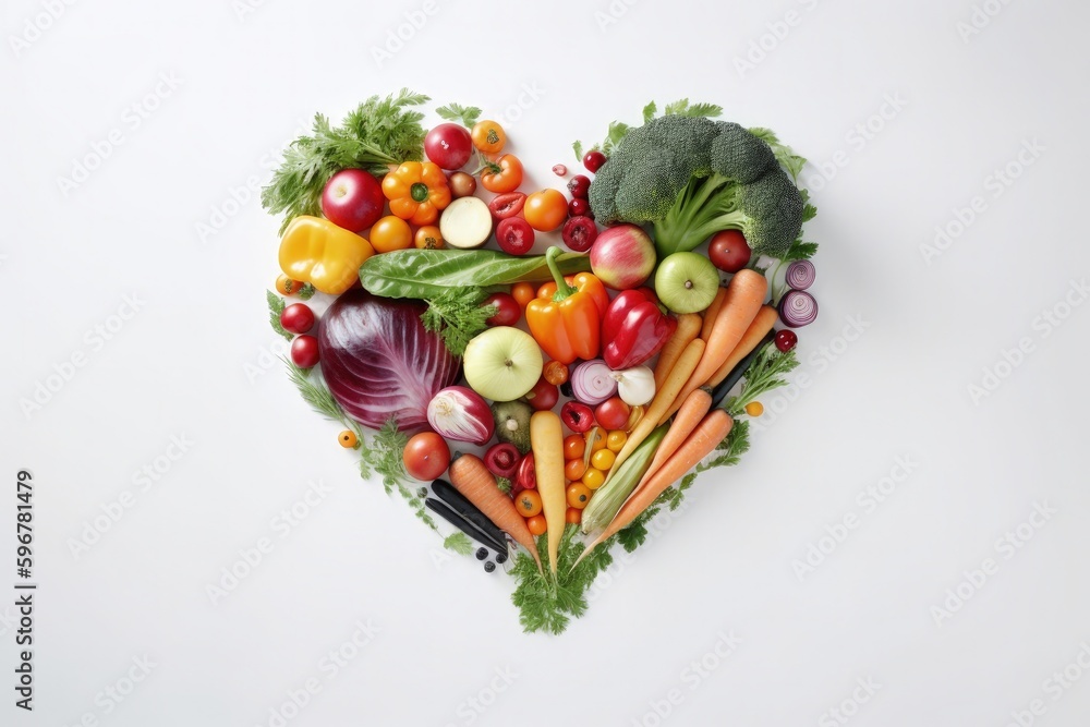Illustration of heart formed by vegetables, healthy eating concept, white background. Generative AI Illustration of heart formed by vegetables, healthy eating concept, white background. Generative AI