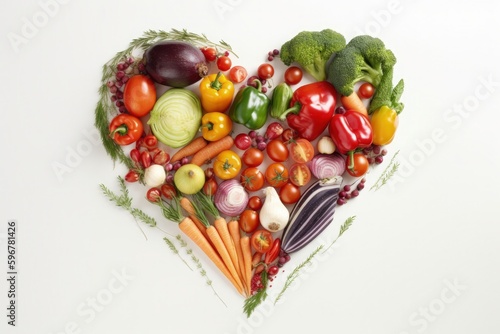 Illustration of heart formed by vegetables, healthy eating concept, white background. Generative AI
