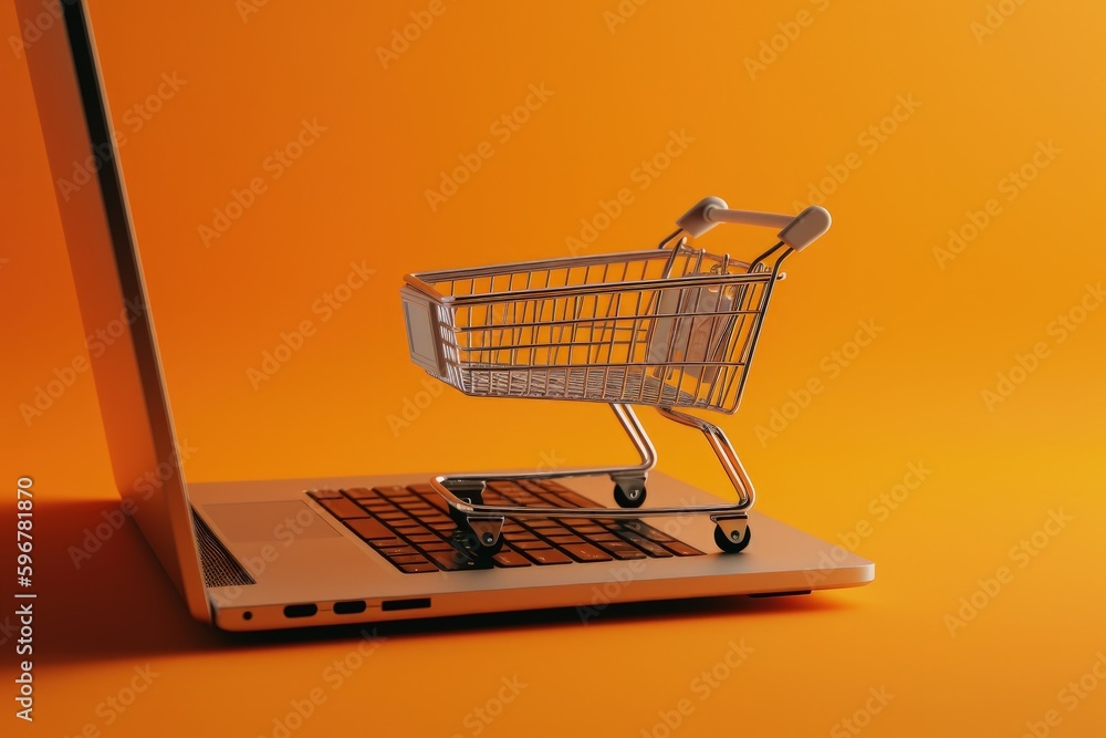 Illustration of shopping cart and laptop, orange background , online stores concept. Generative AI Illustration of shopping cart and laptop, orange background , online stores concept. Generative AI