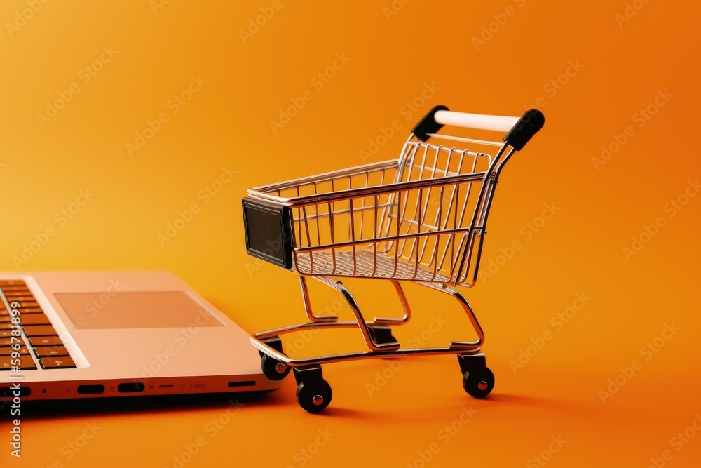 Illustration of shopping cart and laptop, orange background , online stores concept. Generative AI Illustration of shopping cart and laptop, orange background , online stores concept. Generative AI