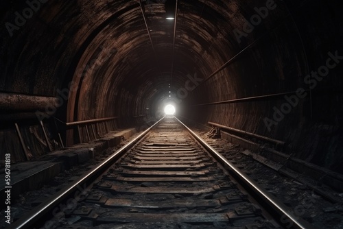 Tunnel and train tracks illustration. Generative AI photo