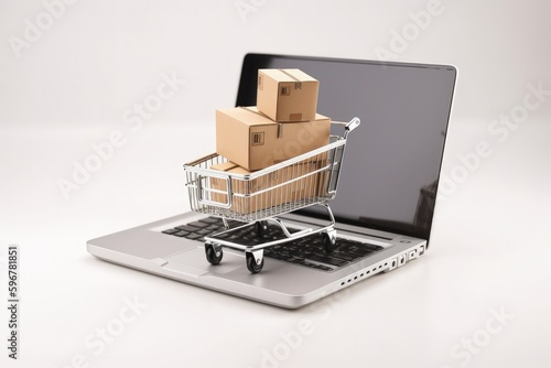 Shopping cart with cardboard boxes and laptop, white background, online stores concept. Generative AI