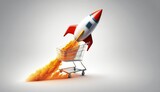 Shopping cart and rocket illustration, sales and business concept, white background. Generative AI