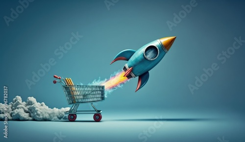 Shopping cart and rocket illustration, sales and business concept, blue background. Generative AI