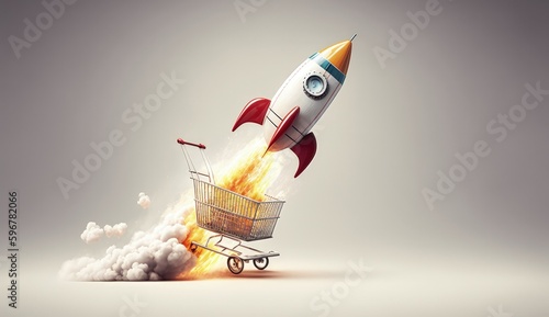 Shopping cart and rocket illustration, sales and business concept, white background. Generative AI