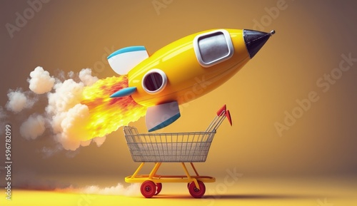 Shopping cart and rocket illustration, sales and business concept, yellow background. Generative AI