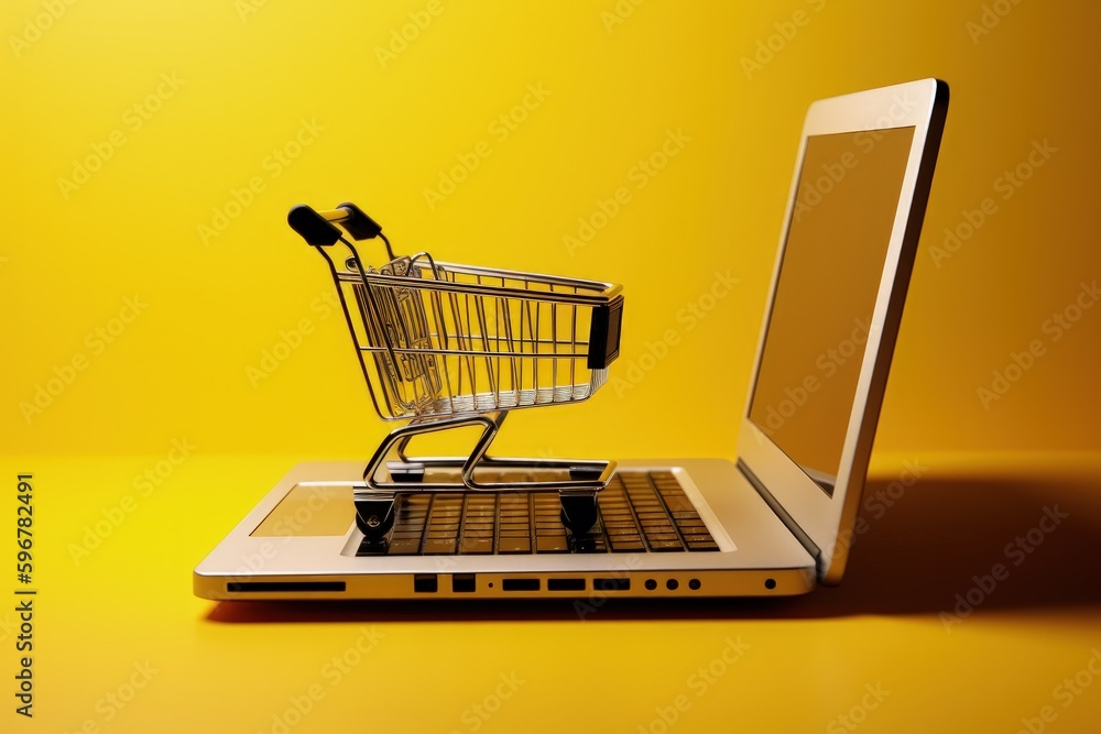 Illustration of shopping cart and laptop, yellow background , online stores concept. Generative AI Illustration of shopping cart and laptop, yellow background , online stores concept. Generative AI
