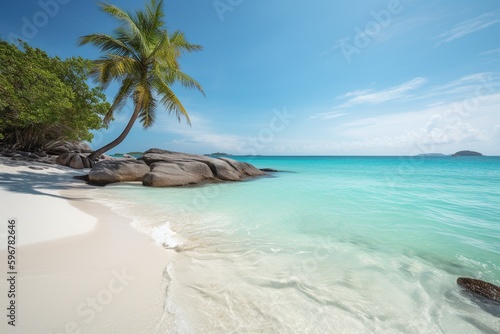  Tropical beach with palm tree summer destination © Maximilien