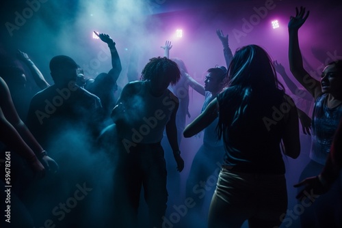group of people dancing on a nightclub with light reflexion