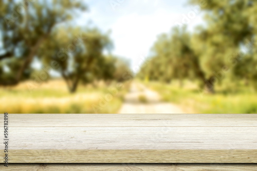 Empty wooden table with blur olives field, Mock up for display or montage of product,Banner or header for advertise on social media © hadjanebia