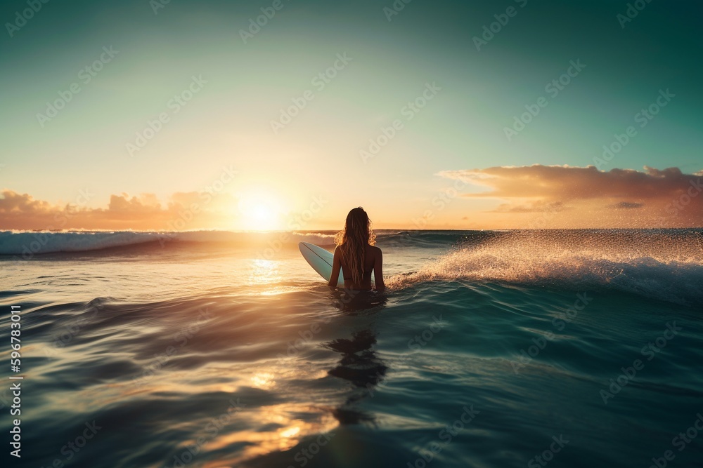 Woman swimming with a surf on the beach at sunset