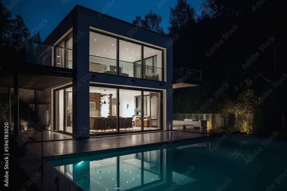 A modern house light up at night with a swimming pool