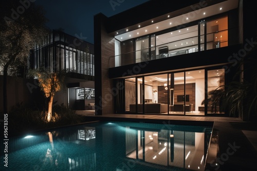 A modern house light up at night with a swimming pool © Maximilien