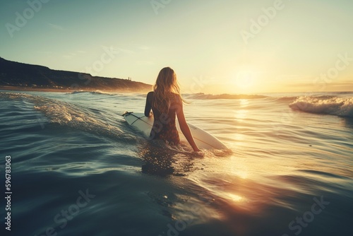 Woman swimming with a surf on the beach