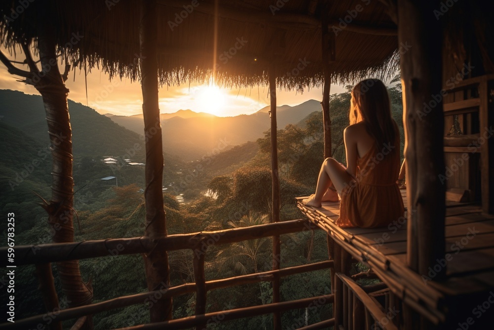 Woman relaxing on a wood tree house with tropical landscape sunset Woman relaxing on a wood tree house with tropical landscape sunset