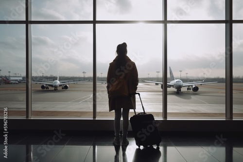 Woman holding luggage waiting her plane in front of an airport window at sunset