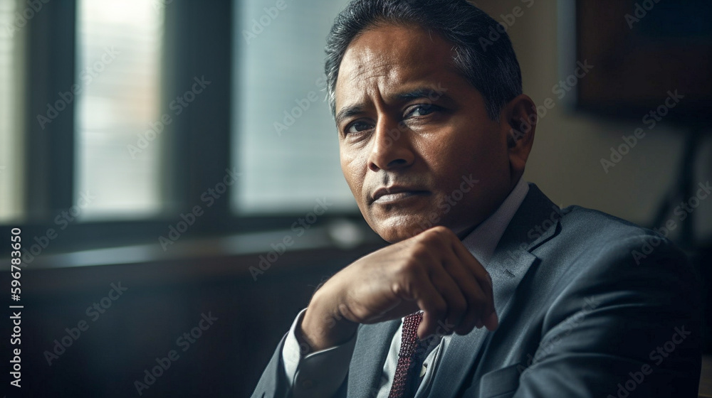 Contemplative Successful Middle-aged Indian Executive Businessman In His Office - Generative AI. Contemplative Successful Middle-aged Indian Executive Businessman In His Office - Generative AI.