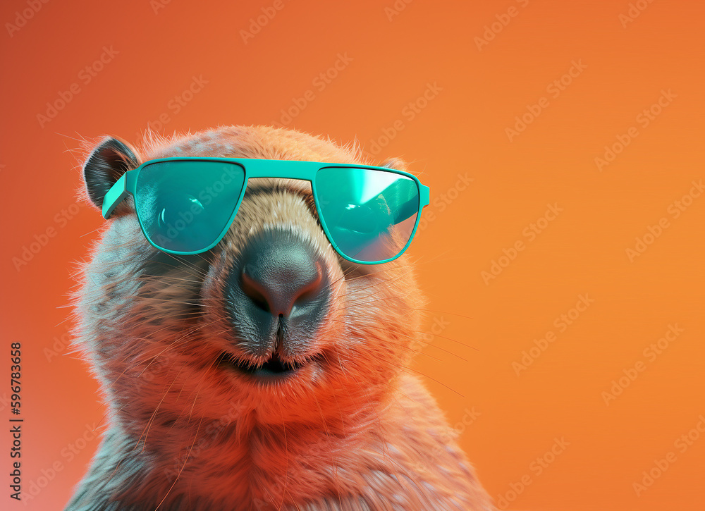 Creative animal concept. Wombat in sunglass shade glasses isolated on solid pastel background, commercial, editorial advertisement, surreal surrealism