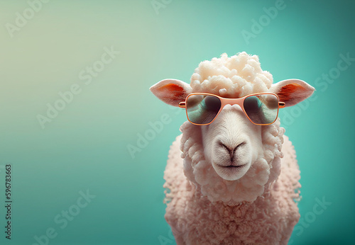 Fototapeta Naklejka Na Ścianę i Meble -  Creative animal concept. Sheep lamb in sunglass shade glasses isolated on solid pastel background, commercial, editorial advertisement, surreal surrealism.
