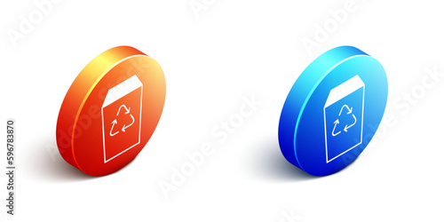 Isometric Recycle bin with recycle symbol icon isolated on white background. Trash can icon. Garbage bin sign. Recycle basket sign. Orange and blue circle button. Vector