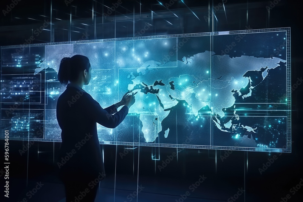 Obraz premium Big data technology and data science. Data scientist analysing and visualizing complex data set on virtual screen. Computing, genomics, artificial intelligence, machine learning - Generative AI