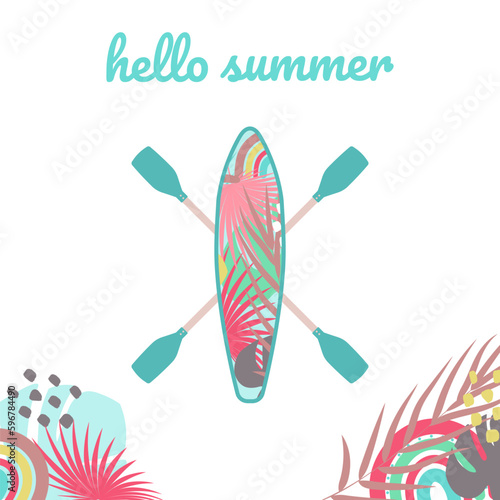 Boho Summer vacation and  watersport on the beach. Card with modern lettering hello summer. Minimal label design for banner, poster, flyer. Vector illustration