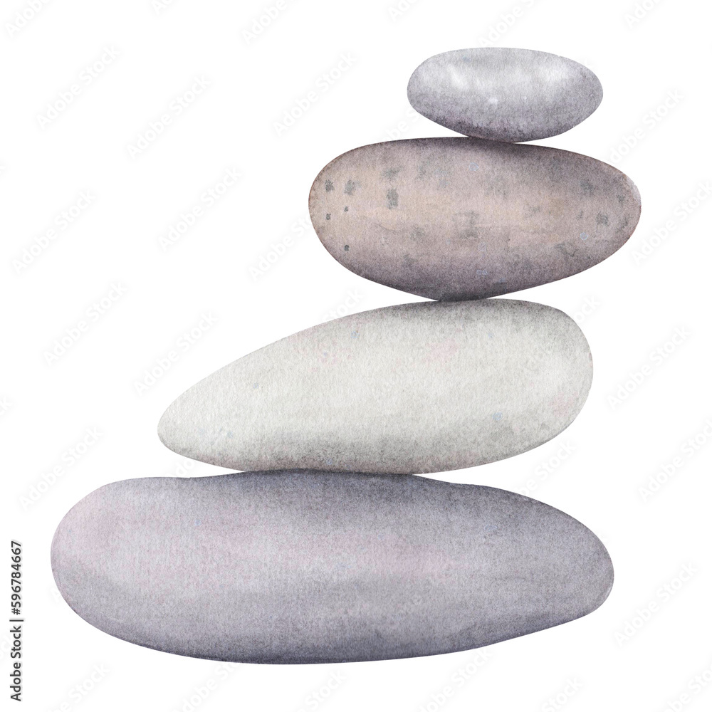 Set zen stones sea pebbles isolated on white background. Watercolor hand drawn spa composition illustration for design Set zen stones sea pebbles isolated on white background. Watercolor hand drawn spa composition illustration for design