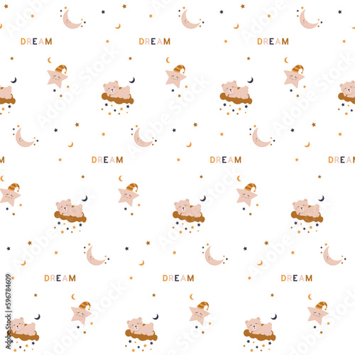 Seamless pattern with a cute sleeping bear on a cloud, a star and a moon in brown. Good night and sweet dreams. Cartoon kids texture and background. Vector illustration