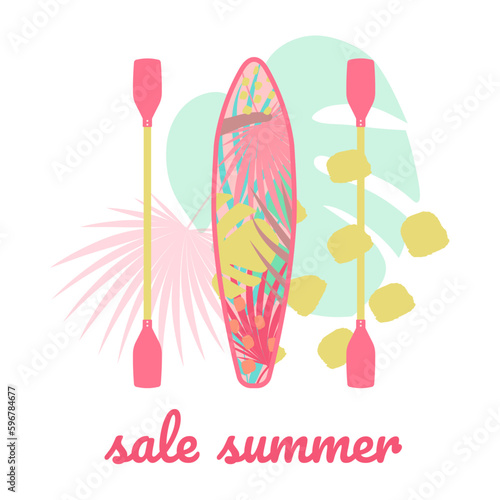 Boho Summer vacation and  watersport on the beach. Card with modern summer sale template.  Minimal label design for banner, poster, flyer. Vector illustration