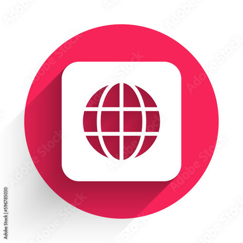 White Worldwide icon isolated with long shadow background. Pin on globe. Red circle button. Vector