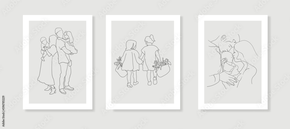 Family love set line art drawing on beige background. Happy family minimal design for wedding card template. Vector illustration Family love set line art drawing on beige background. Happy family minimal design for wedding card template. Vector illustration