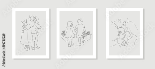 Family love set line art drawing on beige background. Happy family minimal design for wedding card template. Vector illustration
