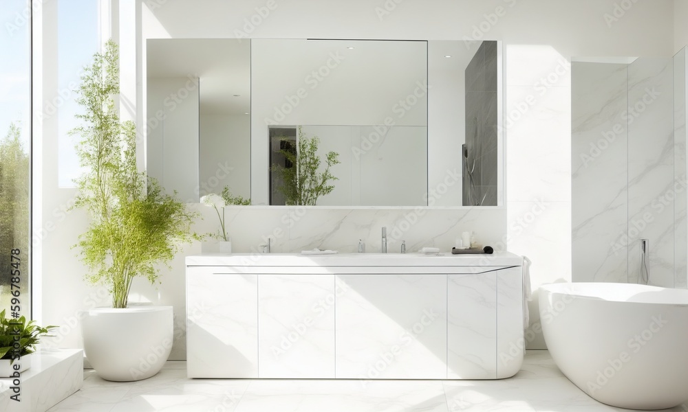 Modern minimal white marble stone bathroom with mirror (Generative AI) Modern minimal white marble stone bathroom with mirror (Generative AI)