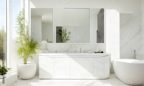 Modern minimal white marble stone bathroom with mirror  (Generative AI)