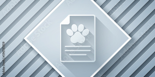 Paper cut Clipboard with medical clinical record pet icon isolated on grey background. Health insurance form. Medical check marks report. Paper art style. Vector