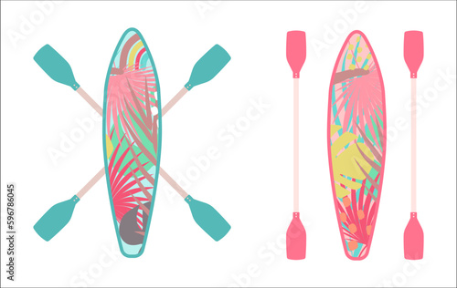 Boho Summer vacation and  watersport on the beach. Card with modern summer design template.  Minimal label design for banner, poster, flyer. Vector illustration