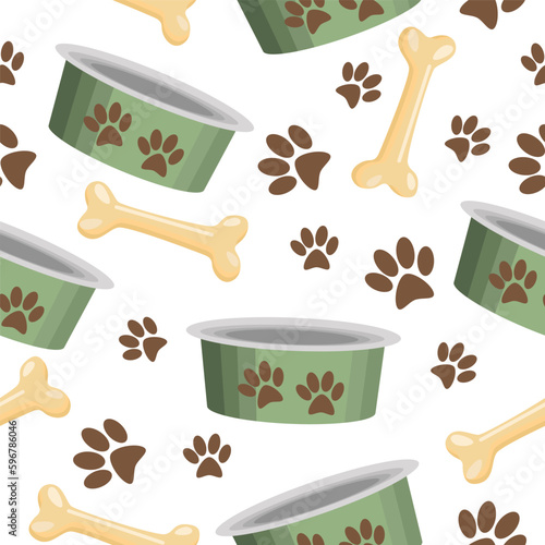 Seamless pattern,dog bowl,bone and paw prints on a white background.Vector pattern for textiles, dog food packages.