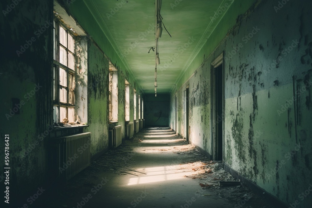 Desolate asylum corridor with grimy green walls. Generative AI