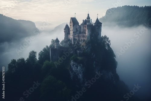 Mysterious castle shrouded in mist and fog  stunning fantasy art. Generative AI