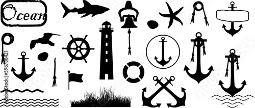Silhouetten: Set mit maritimen Grafik Elementen und Symbolen