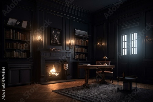 Illustration of a classic dark-themed indoor space with books, wall paneling, fire hearth & moldings. Generative AI