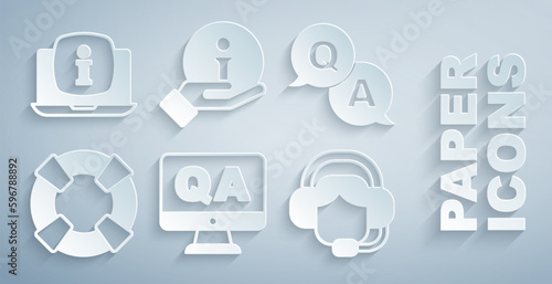 Set Question and Answer, Lifebuoy, Woman with headset, Information and Laptop information icon. Vector