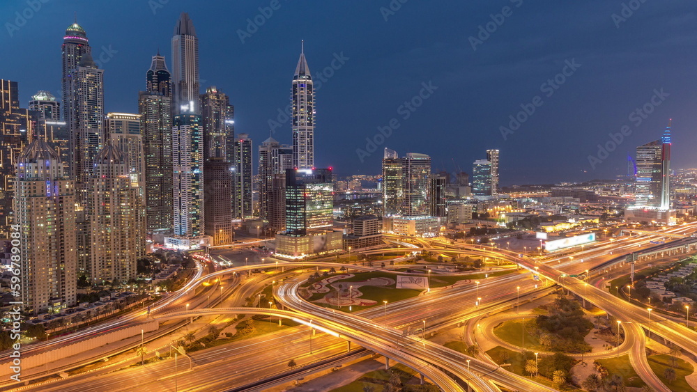 Fototapeta premium Dubai Marina highway intersection spaghetti junction day to night timelapse