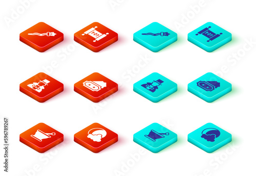 Set Mortar and pestle, Moon stars, Magician, Ticket, scroll and staff icon. Vector