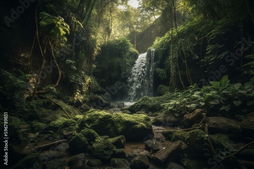 Jungle waterfall scene. Generative AI