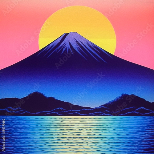 Japanese mountain view, vintage album art, retro poster illustration, Generative AI
