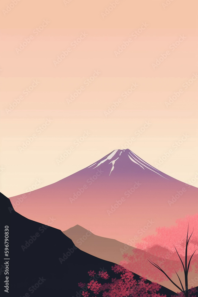 Fototapeta premium Japanese mountain view, vintage album art, retro poster illustration, Generative AI